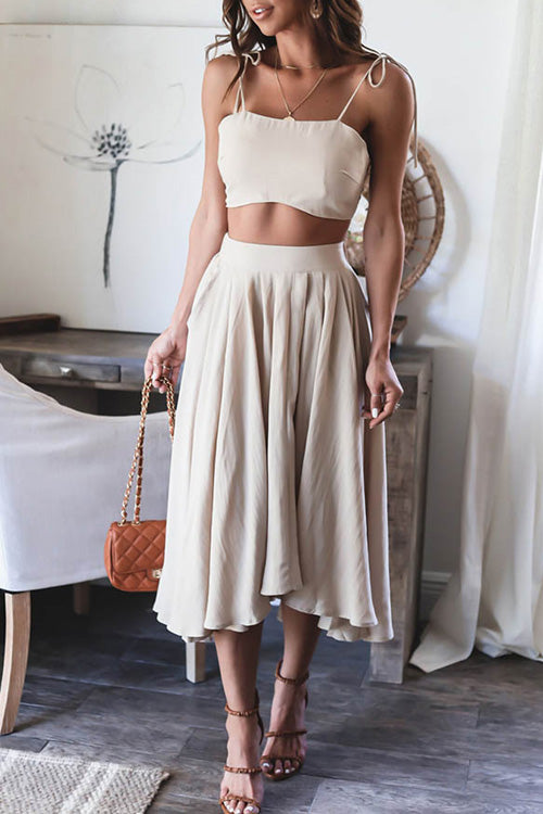 Rowangirl Fashion Solid Sling Sleeveless Top+Loose Skirt Two-piece
