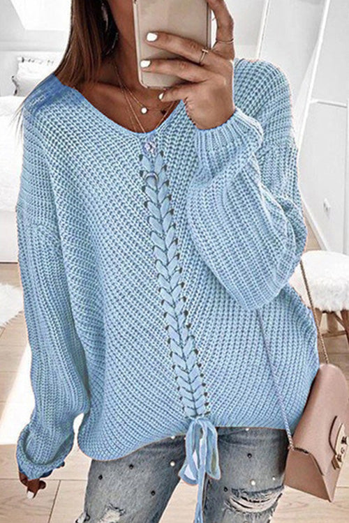 Rowangirl Fashion Chic Loose Solid V Neck Long Sleeve Sweater