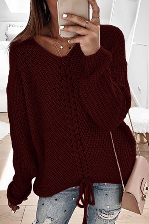 Rowangirl Fashion Chic Loose Solid V Neck Long Sleeve Sweater